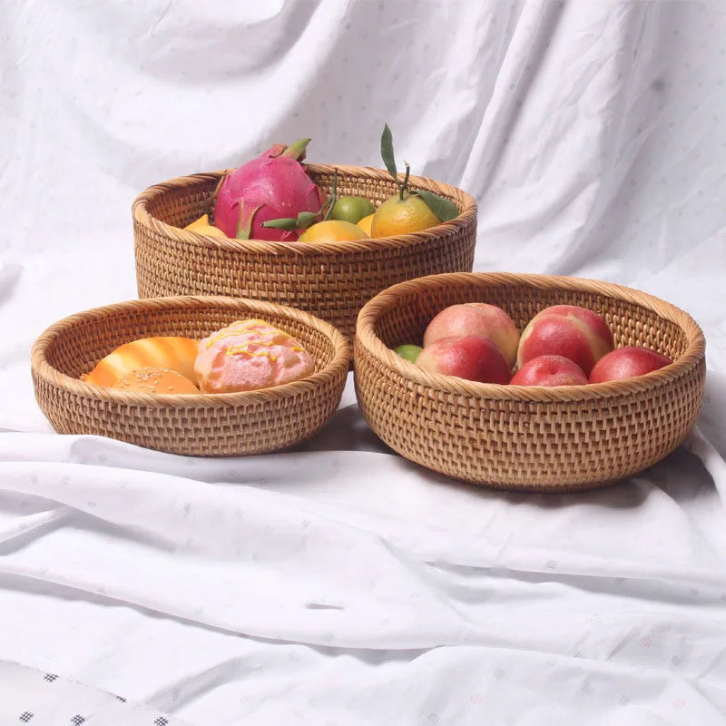 HEMU-Round Rattan Woven Basket, Wicker Fruit Basket, Bread Food, Kitchen Home Decor Organizer