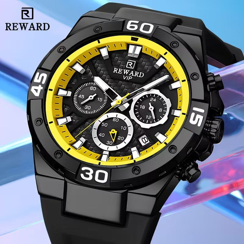 REWARD™ Men’s Black & Yellow Chronograph Watch | Bold Sporty. detail view